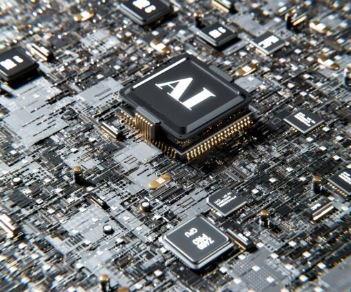A close-up of an AI computer chip on a circuit board